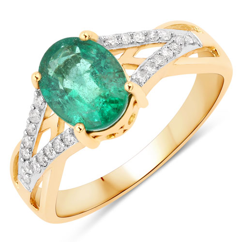 Emerald-1.66 Carat Genuine Zambian Emerald and White Diamond 14K Yellow Gold Ring