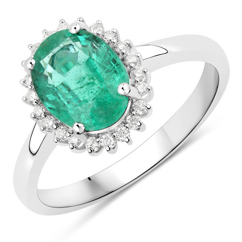Emerald-1.98 Carat Genuine Zambian Emerald and White Diamond 14K White Gold Ring