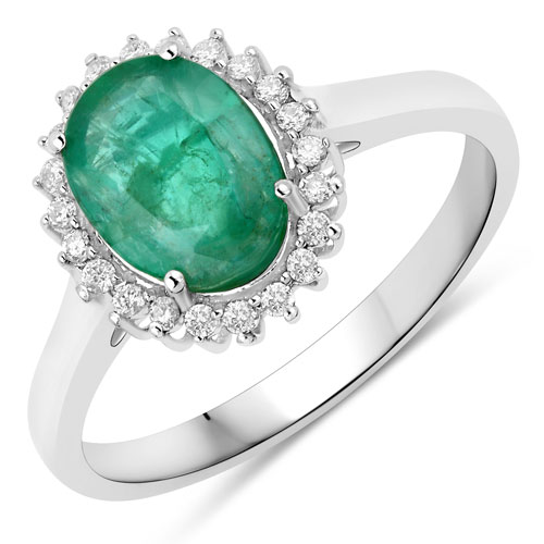 Emerald-1.71 Carat Genuine Zambian Emerald and White Diamond 14K White Gold Ring