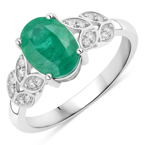 Emerald-1.73 Carat Genuine Zambian Emerald and White Diamond 14K White Gold Ring