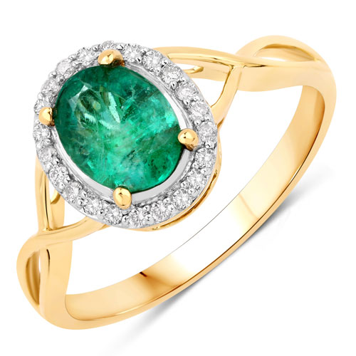 Emerald-1.19 Carat Genuine Zambian Emerald and White Diamond 14K Yellow Gold Ring