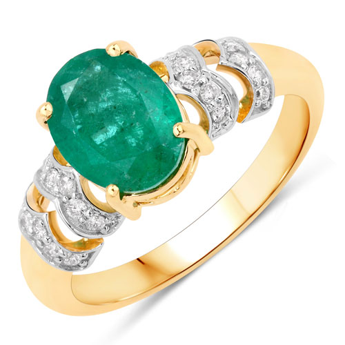Emerald-1.81 Carat Genuine Zambian Emerald and White Diamond 14K Yellow Gold Ring