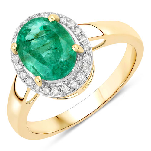Emerald-2.24 Carat Genuine Zambian Emerald and White Diamond 14K Yellow Gold Ring