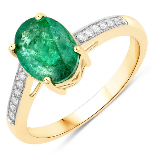 Emerald-1.84 Carat Genuine Zambian Emerald and White Diamond 14K Yellow Gold Ring
