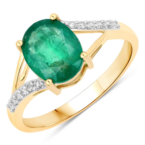 Emerald-1.71 Carat Genuine Zambian Emerald and White Diamond 14K Yellow Gold Ring