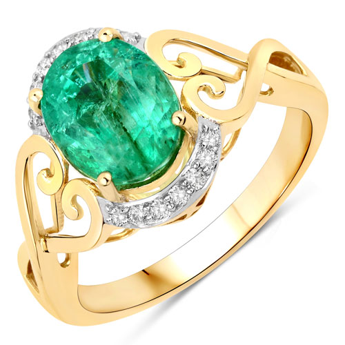Emerald-3.00 Carat Genuine Zambian Emerald and White Diamond 14K Yellow Gold Ring