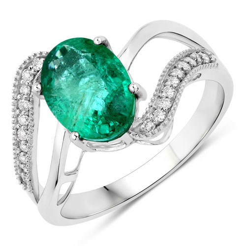 Emerald-1.95 Carat Genuine Zambian Emerald and White Diamond 14K White Gold Ring