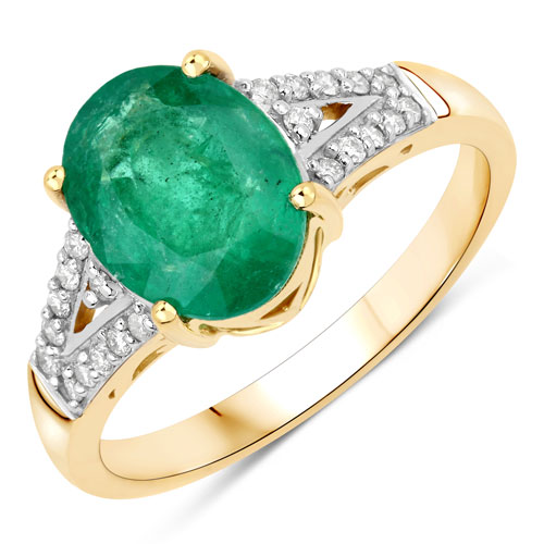 Emerald-2.49 Carat Genuine Zambian Emerald and White Diamond 14K Yellow Gold Ring