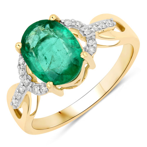 Emerald-2.23 Carat Genuine Zambian Emerald and White Diamond 14K Yellow Gold Ring