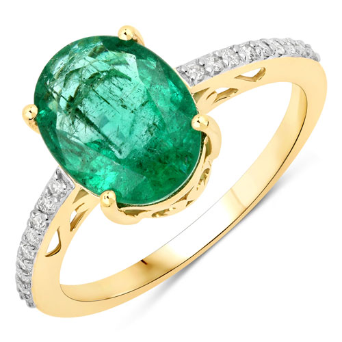 Emerald-2.51 Carat Genuine Zambian Emerald and White Diamond 14K Yellow Gold Ring
