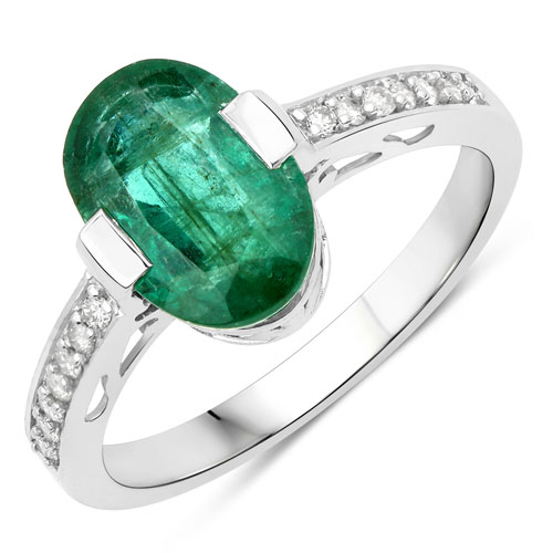 Emerald-2.59 Carat Genuine Zambian Emerald and White Diamond 14K White Gold Ring