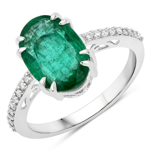 Emerald-2.96 Carat Genuine Zambian Emerald and White Diamond 14K White Gold Ring