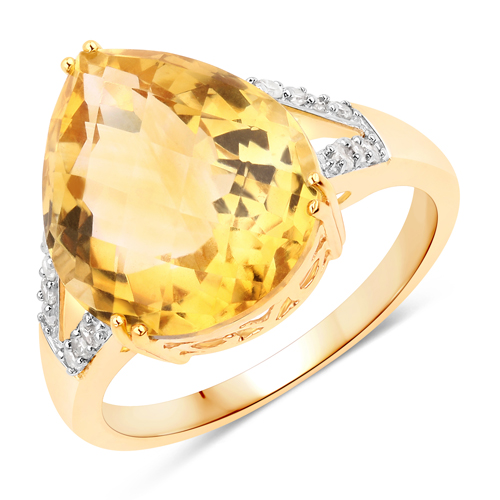 Citrine-7.37 Carat Genuine Citrine and White Diamond 14K Yellow Gold Ring