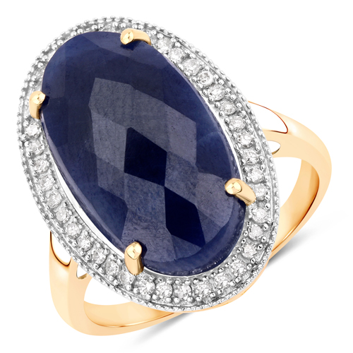 Sapphire-10.21 Carat Blue Sapphire and White Diamond 14K Yellow Gold Ring