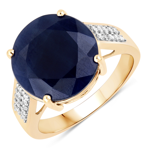 Sapphire-9.14 Carat Genuine Blue Sapphire and White Diamond 14K Yellow Gold Ring