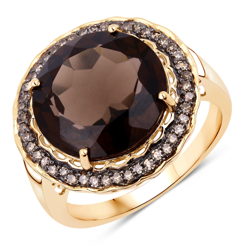 Rings-7.64 Carat Genuine Smoky Quartz and Chocolate Diamond  14K Yellow Gold Ring