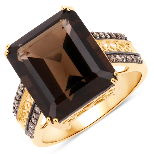 Rings-9.21 Carat Genuine Smoky Quartz and Chocolate Diamond 14K Yellow Gold Ring