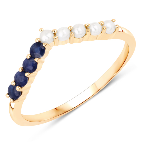 Pearl-0.38 Carat Genuine Pearl and Blue Sapphire 10K Yellow Gold Ring