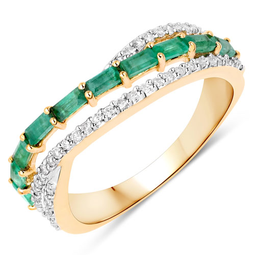Emerald-0.72 Carat Genuine Zambian Emerald and White Diamond 10K Yellow Gold Ring