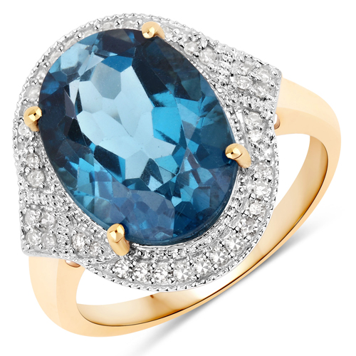 Rings-7.99 Carat Genuine London Blue Topaz and White Diamond 14K Yellow Gold Ring