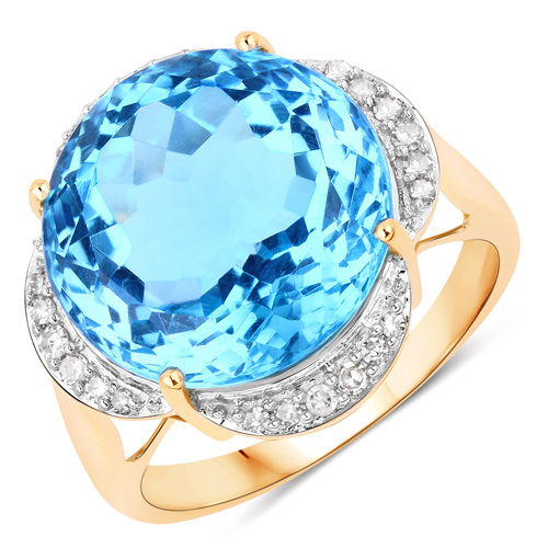 Rings-12.69 Carat Genuine Swiss Blue Topaz and White Diamond 14K Yellow Gold Ring