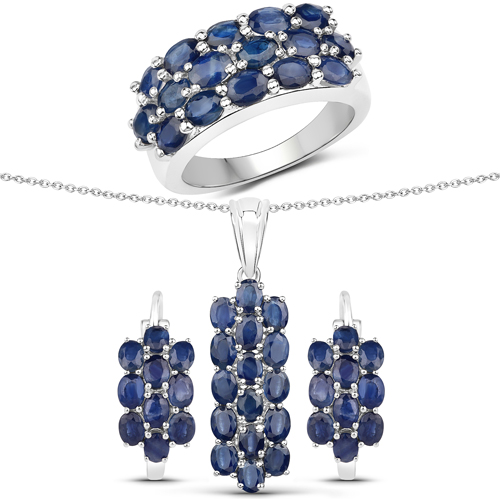 Sapphire-10.40 Carat Genuine Blue Sapphire .925 Sterling Silver 3 Piece Jewelry Set (Ring, Earrings, and Pendant w/ Chain)