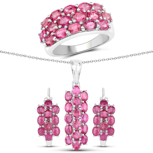 Ruby-11.44 Carat Genuine Ruby .925 Sterling Silver 3 Piece Jewelry Set (Ring, Earrings, and Pendant w/ Chain)