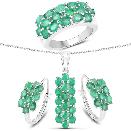 Jewelry Sets-7.80 Carat Genuine Zambian Emerald .925 Sterling Silver 3 Piece Jewelry Set (Ring, Earrings, and Pendant w/ Chain)