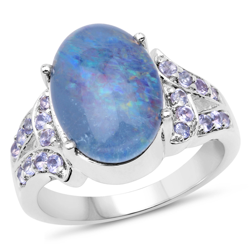 Opal-4.12 Carat Genuine Triplet Opal and Tanzanite .925 Sterling Silver Ring