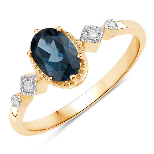 Rings-0.93 Carat Genuine London Blue Topaz and White Diamond 10K Yellow Gold Ring