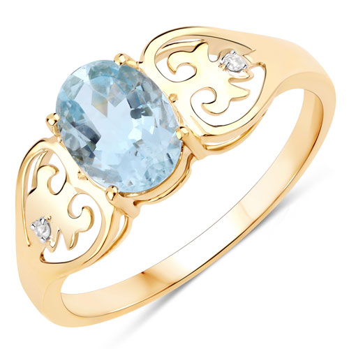 Rings-1.06 Carat Genuine Aquamarine and White Diamond 10K Yellow Gold Ring