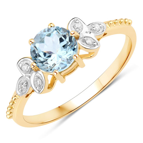 Rings-0.78 Carat Genuine Aquamarine and White Diamond 14K Yellow Gold Ring