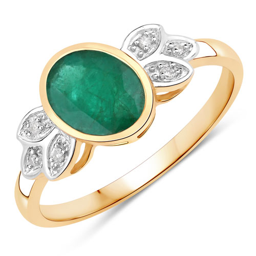 Emerald-1.08 Carat Genuine Emerald and White Diamond 14K Yellow Gold Ring