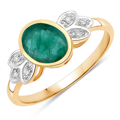 Emerald-1.23 Carat Genuine Zambian Emerald and White Diamond 14K Yellow Gold Ring