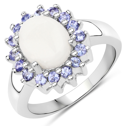 Opal-2.26 Carat Genuine Opal and Tanzanite .925 Sterling Silver Ring