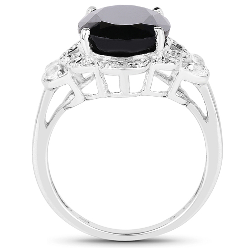 5.41 Carat Genuine Black Sapphire and White Topaz .925 Sterling Silver Ring