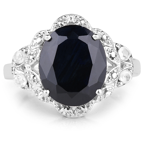 5.41 Carat Genuine Black Sapphire and White Topaz .925 Sterling Silver Ring