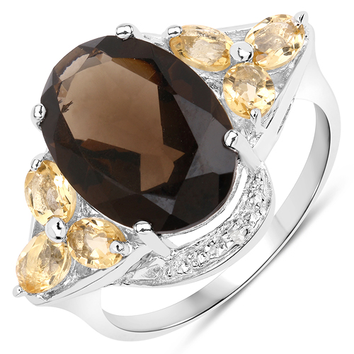Rings-6.12 Carat Genuine Smoky Quartz and Citrine .925 Sterling Silver Ring