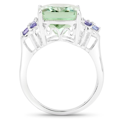 6.71 Carat Genuine Green Amethyst, Tanzanite and White Topaz .925 Sterling Silver Ring