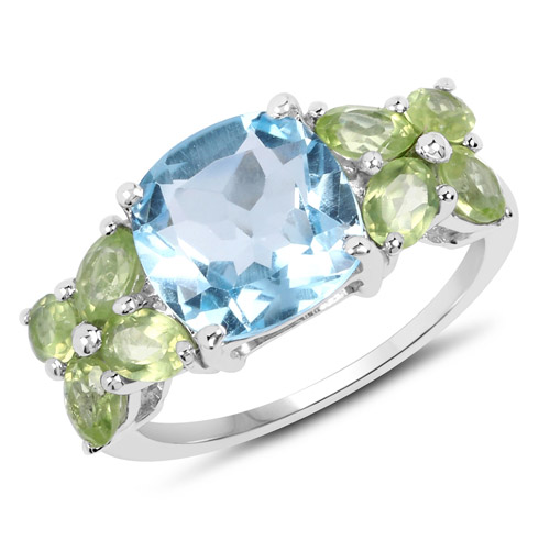 Rings-5.01 Carat Genuine Blue Topaz and Peridot .925 Sterling Silver Ring