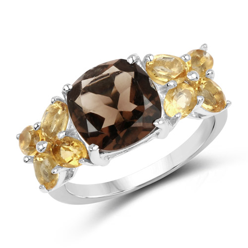 Rings-4.08 Carat Genuine Smoky Quartz and Citrine .925 Sterling Silver Ring