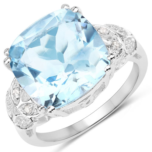 Rings-6.97 Carat Genuine Blue Topaz and White Diamond .925 Sterling Silver Ring