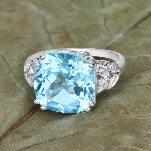 6.97 Carat Genuine Blue Topaz and White Diamond .925 Sterling Silver Ring