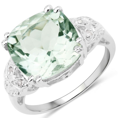 Amethyst-5.52 Carat Genuine Green Amethyst and White Diamond .925 Sterling Silver Ring