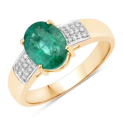 Emerald-1.76 Carat Genuine Zambian Emerald and White Diamond 14K Yellow Gold Ring