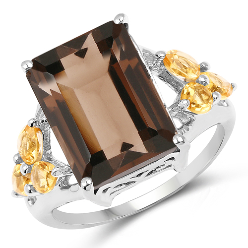 Rings-8.07 Carat Genuine Smoky Quartz and Citrine .925 Sterling Silver Ring
