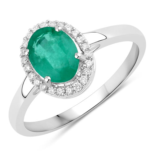 Emerald-1.31 Carat Genuine Zambian Emerald and White Diamond 14K White Gold Ring