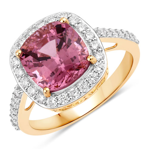 Rings-4.30 Carat Genuine Pink Spinel and White Diamond 18K Yellow Gold Ring