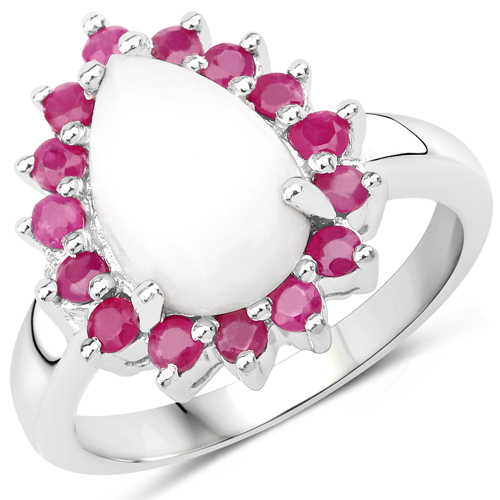 Opal-2.60 Carat Genuine Opal and Ruby .925 Sterling Silver Ring