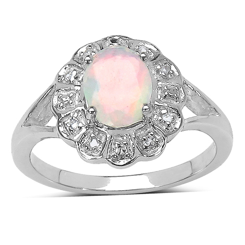 Opal-0.71 Carat Genuine Ethiopian Opal and White Topaz .925 Sterling Silver Ring